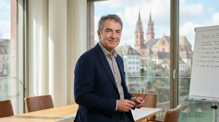 Ein Mann in einem modernen Büro mit Flipchart und Stadtblick, ideal für Treuhand- und Buchhaltungsjobs in der Schweiz.
