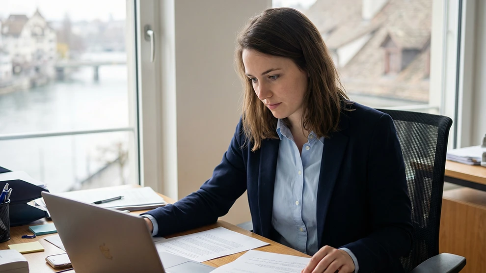Basel Job 10 Junge Frau arbeitet in modernem Büro, ideal für Jobsuche in Treuhand, Buchhaltung und Rechnungswesen in der Schweiz.