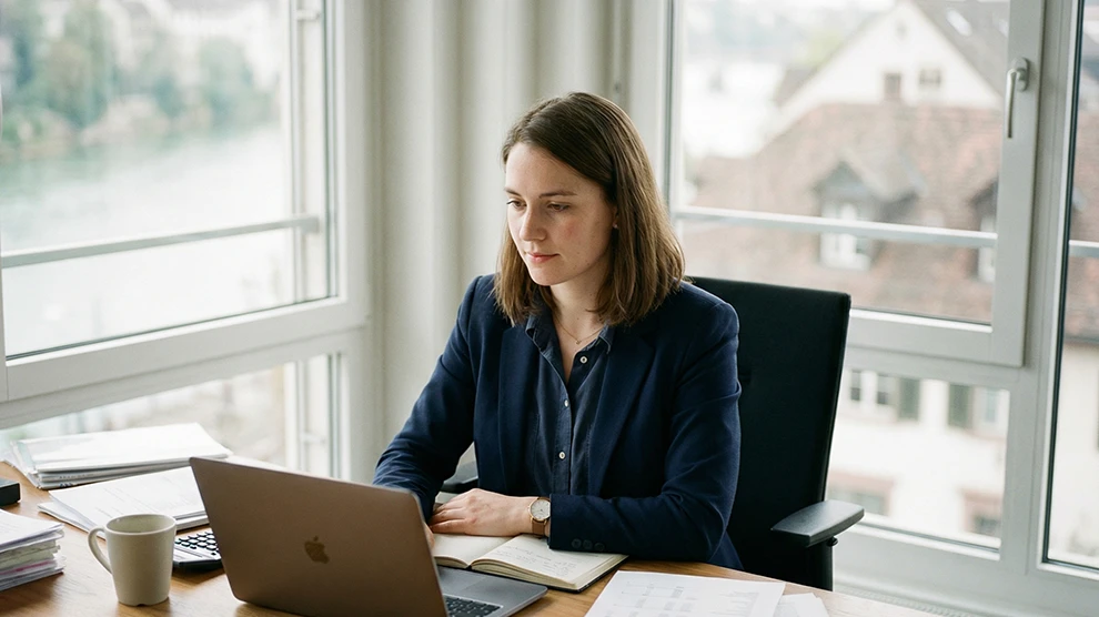 Recruiter bei der Arbeit: Frau an Laptop, lichtdurchflutetes Büro, Jobs im Treuhand- und Rechnungswesen in der Schweiz.