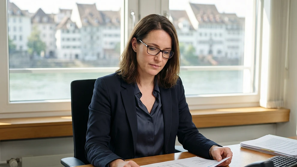 Die Frau arbeitet konzentriert an Buchhaltungsunterlagen mit Blick auf eine Stadtlandschaft aus dem Bürofenster.