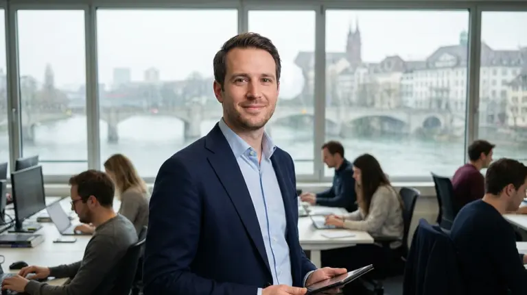 Business-Mann in Büro vor Schweiz-Kulisse, Mitarbeiter arbeiten. Fokus auf Treuhand- und Rechnungswesen-Jobs.