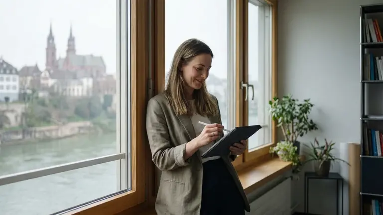 Rekrutierung Schweiz: Frau arbeitet am Tablet mit Stadtblick. Jobs in Treuhand, Buchhaltung, Rechnungswesen entdecken.