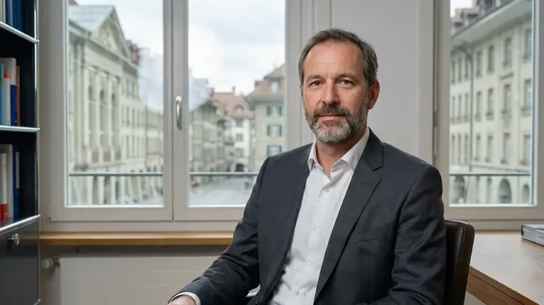 Mann im Anzug in modernem Büro mit Stadtblick — ideal für Jobs im Treuhand- und Finanzwesen in der Schweiz.