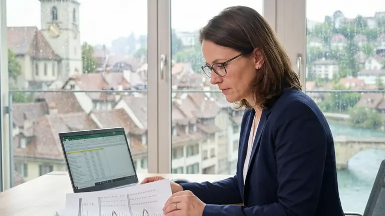 Fachkraft am Laptop mit Tabellen, mit Blick auf Schweizer Stadt. Fokus auf Buchhaltung und Finanzjobs.