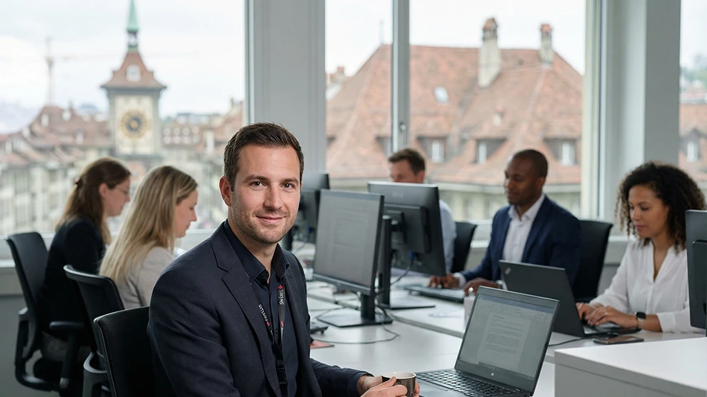 Coworking in Schweizer Büro, Fokus auf Treuhand, Buchhaltung, mit Ausblick auf Stadtlandschaft. Ideal für Jobsuche.