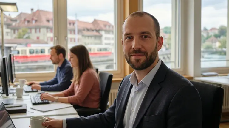 Büroarbeit in der Schweiz: Team im Treuhand- und Rechnungswesen, fokussiert und engagiert vor Büroumgebung.