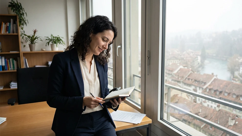 Frau in Büro mit Buch, Blick auf Schweizer Stadt. Ideal für Jobs im Treuhand, Buchhaltung, Rechnungswesen.