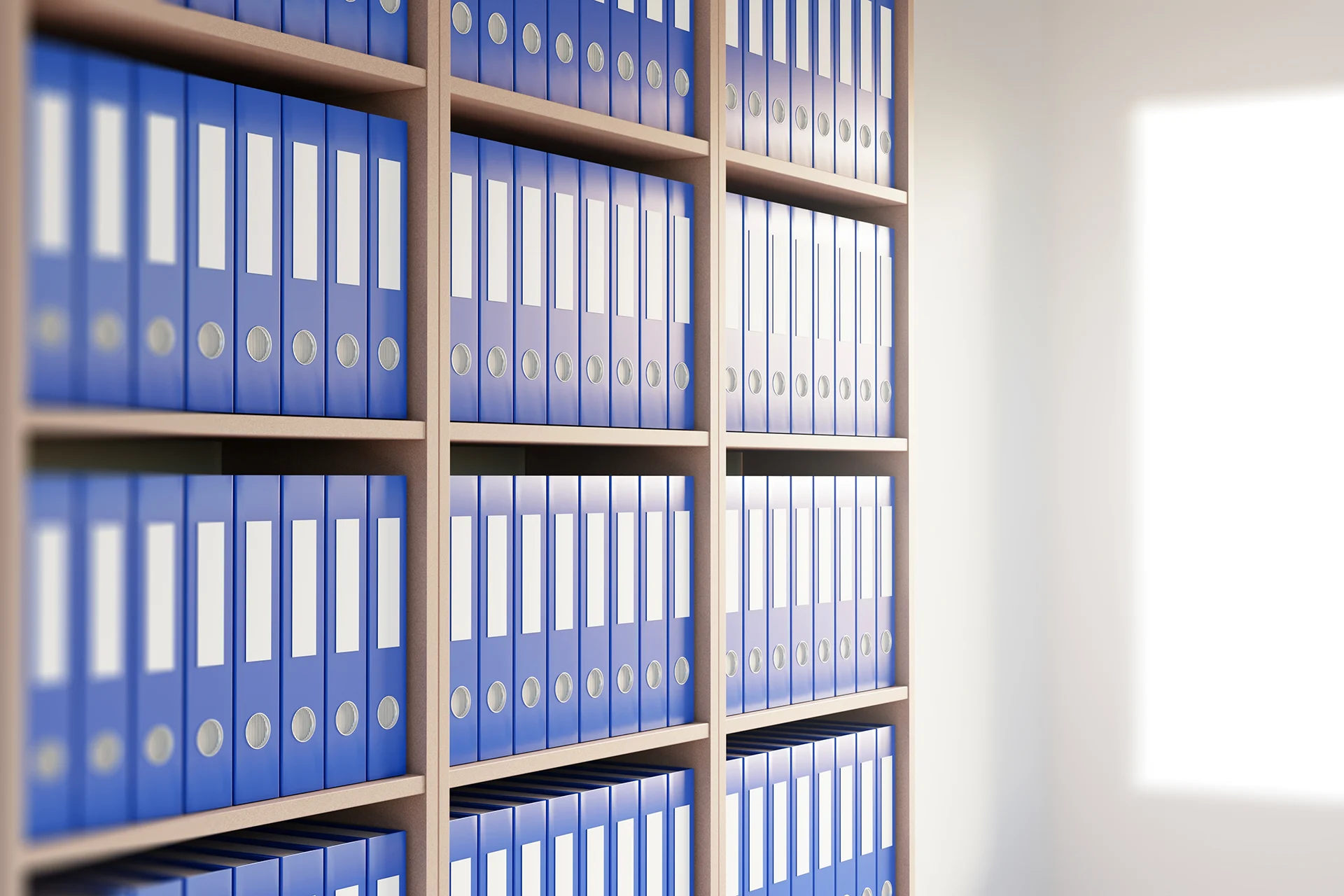 Aktenordner gut sortiert in einem Aktenschrank