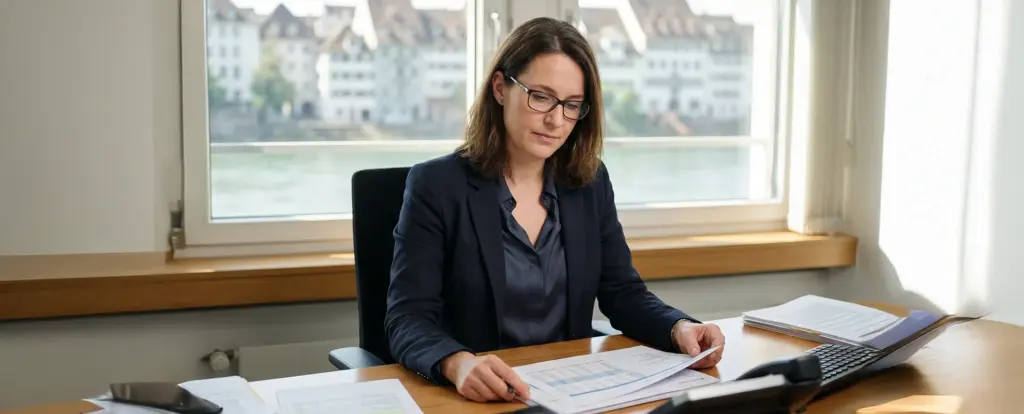 Frau am Schreibtisch mit Dokumenten, Recruiting für Treuhand- und Buchhaltungsjobs in der Schweiz.