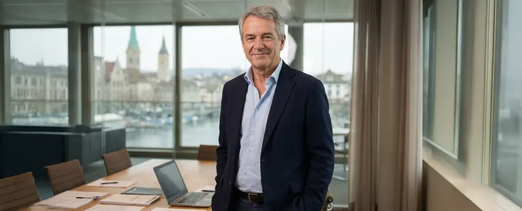 Mann im Anzug in modernem Büro, mit Zürich im Hintergrund; Recruiting Plattform für Treuhand und Buchhaltungsjobs Schweiz.