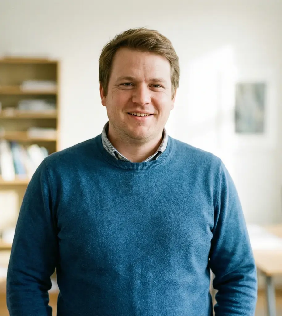 Mann in Büro, blauem Pullover, lächelt. Ideal für Jobs in Treuhand, Buchhaltung, Schweiz auf unserer Recruiting Plattform.