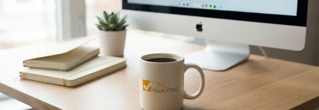 Schreibtisch mit PC, Tasse ONE! Recruiting, Notizbüchern und Pflanze - ideale Umgebung für Jobs im Finanzsektor.