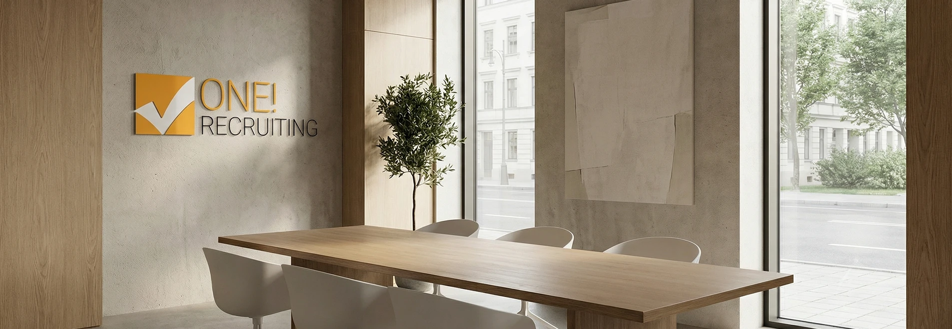 Moderne Recruiting-Plattform in Schweiz: Konferenzraum mit Logo ONE! Recruiting für Treuhand- und Finanzjobs.
