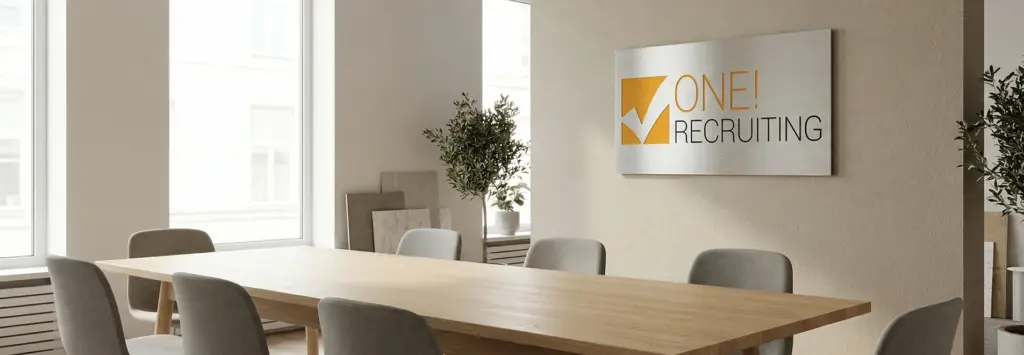 Moderne Büroeinrichtung mit One Recruiting Logo, spezialisiert auf Treuhand-, Buchhaltungs- und Finanzjobs in der Schweiz.