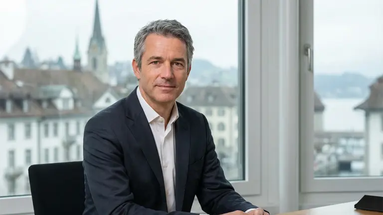 Ein Geschäftsmann in Anzug in einem Büro mit Blick auf eine Schweizer Stadt, ideal für Jobs in Buchhaltung und Treuhand.