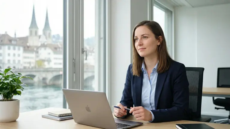 Frau im Büro mit Laptop, Schweizer Stadt im Hintergrund, ideale Szene für Jobs in Treuhand und Buchhaltung.