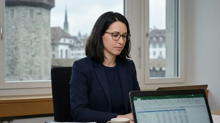 Frau arbeitet am Laptop, im Hintergrund Schweizer Stadt. Fokus auf Treuhand- und Buchhaltungsjobs in der Schweiz.