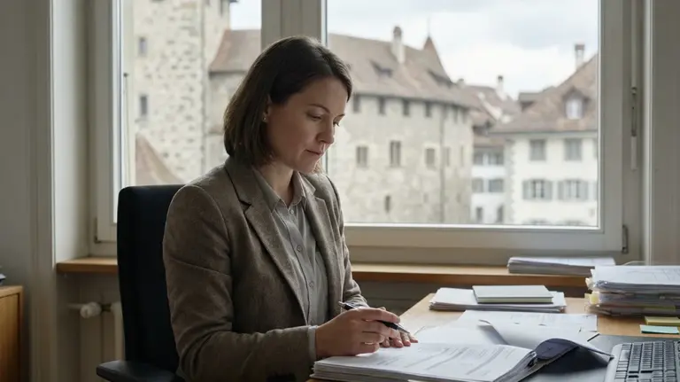 Frau am Schreibtisch, blickt auf Unterlagen, Hintergrund mit Schweizer Architektur. Jobs im Treuhand und Buchhaltung.