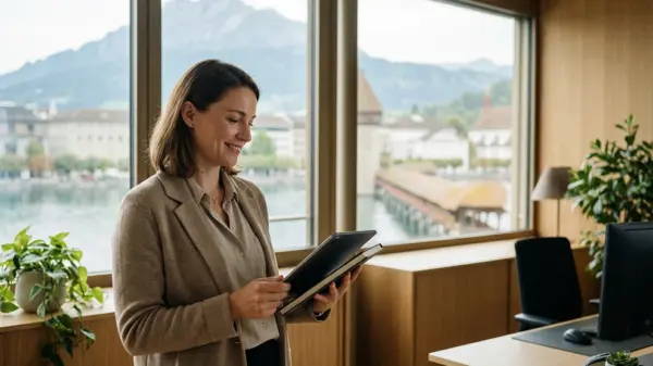 Frau im Büro mit Tablet, Blick auf die Schweizer Stadtlandschaft. Recruiting für Treuhand, Buchhaltung, Rechnungswesen.
