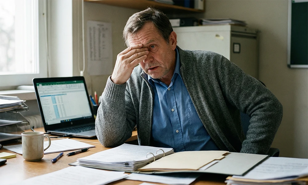 Ein erschöpfter Mann am Schreibtisch mit Laptop und Dokumenten, passender Kontext für Jobs in Treuhand, Schweiz.