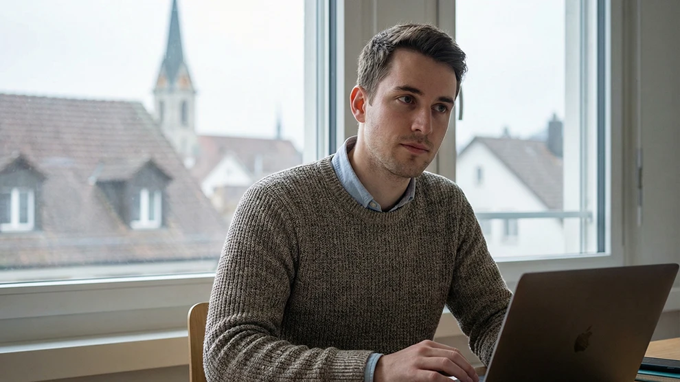Mann am Laptop in Büro, Rekrutierungsplattform Schweiz, Jobs im Treuhandwesen und Buchhaltung.