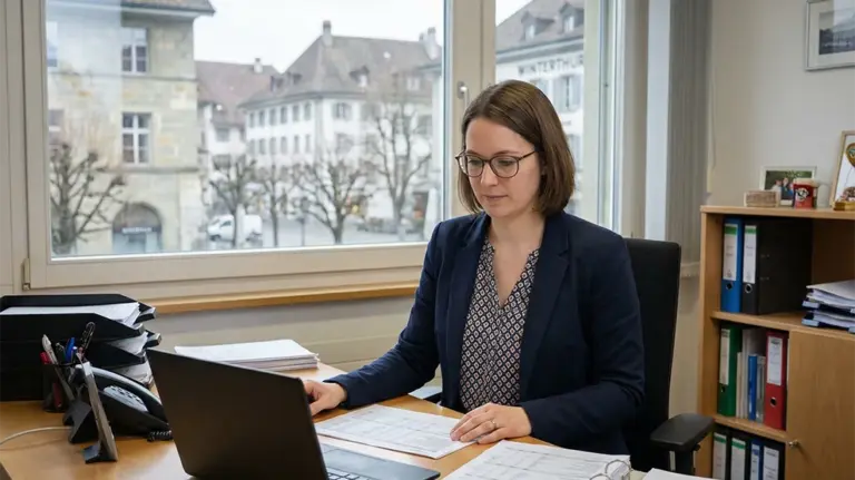 ```plaintext Büroarbeit in der Schweiz: Frau am Laptop in Treuhand-Bereich, mit Akten und Ausblick auf historische Gebäude. ```