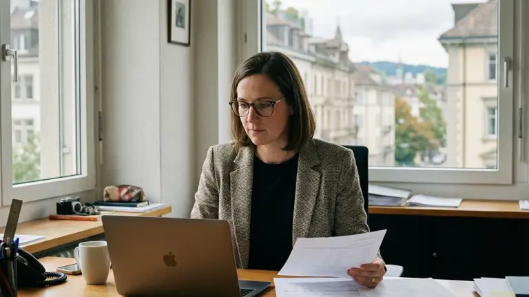 ```markdown Frau arbeitet am Schreibtisch mit Laptop, Dokumente in Hand, Büro in der Schweiz, Treuhand- und Buchhaltungsumfeld. ```