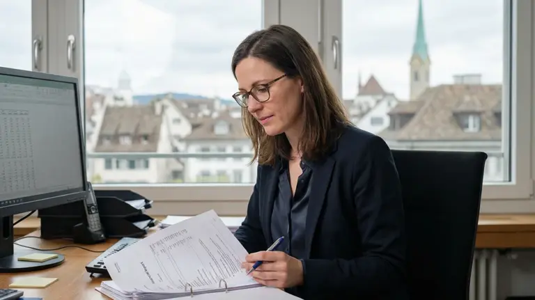 Eine Fachkraft prüft Buchhaltungsunterlagen in einem Schweizer Büro mit Stadtblick.