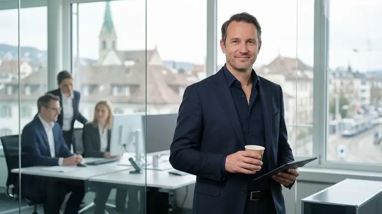 Büroszene in der Schweiz: Teamarbeit im Buchhaltungs- und Treuhandbereich mit einem Fachmann im Vordergrund.